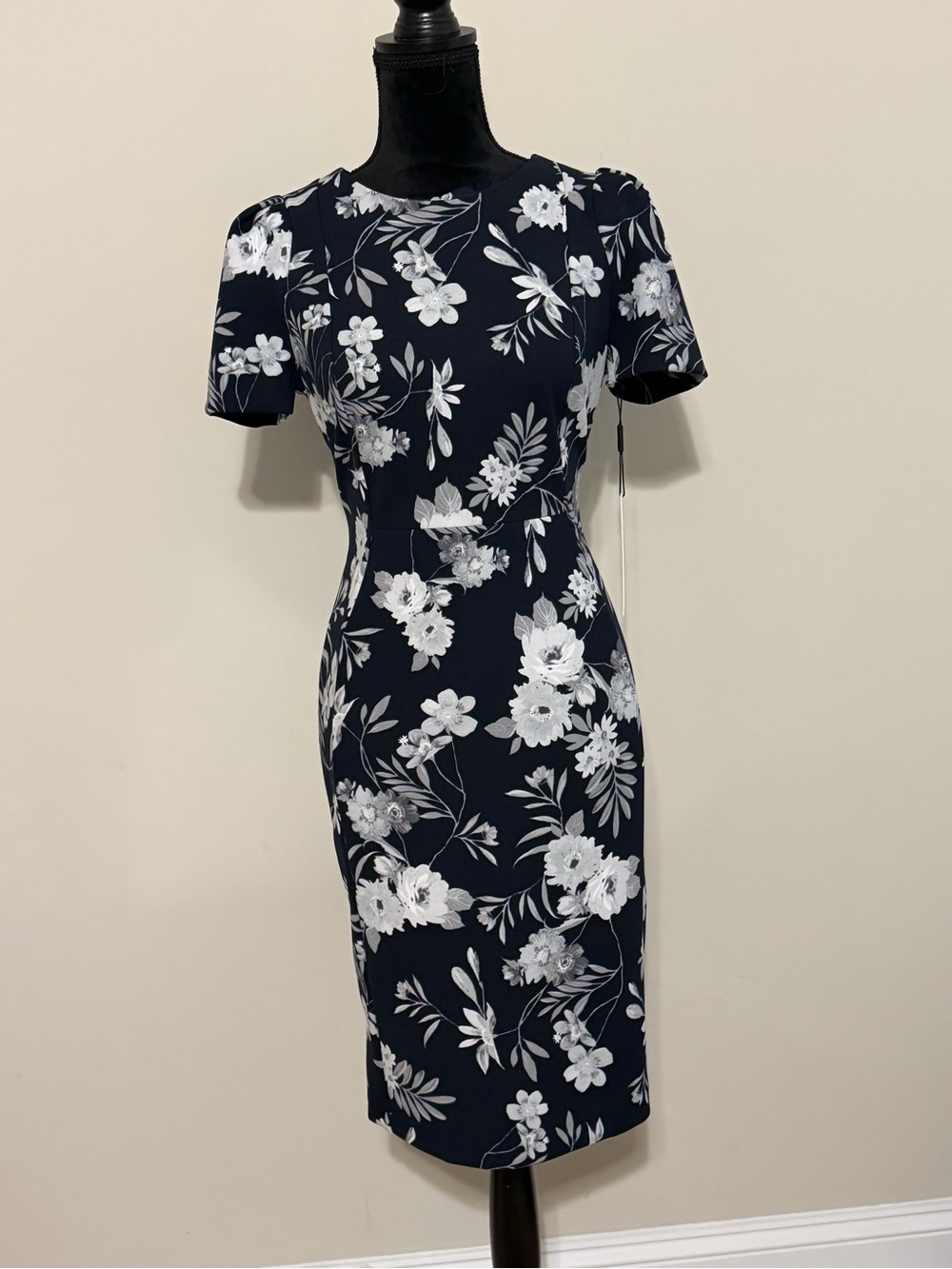 NWT Calvin Klein Navy and White Floral Midi Sheath Dress